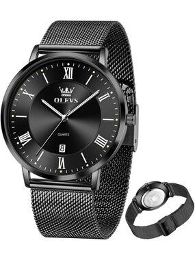 Men's All Black Analog Quartz Mesh Strap Luxury Luminous Waterproof Round Watch